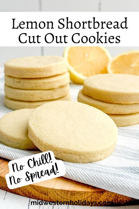 Lemon Cut Out Cookies are soft, buttery, lemon shortbread cookies bursting with fresh lemon flavor that require no chilling and hold their shape perfectly when baked. Lemon cut out cookies are perfect for Easter, Valentine's Day, or Christmas cookie platters. Sugar Cookie Recipes Cut Out, Lemon Cutout Cookies, Lemon Cut Out Sugar Cookies, Lemon Shortbread Cookie Recipe, Rolled Cookies Recipes Cut Outs, Shortbread Cookie Flavors, Rolled Shortbread Cookies, Roll Out Cookie Dough Recipe, Christmas Cookie Platters