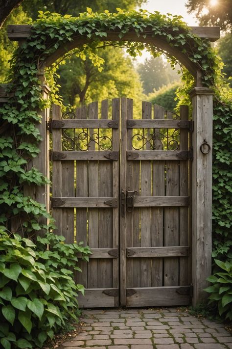 20 Farmhouse Gate Ideas For Charming Entrances - Toolz Geek Gate Design Farmhouse, Driveway Gate With Door, Decorative Gate Ideas, Garden Entry Gate, Garden Gate Design Ideas, Antique Garden Gate, Tall Garden Gate, Diy Fence Door, French Garden Gate