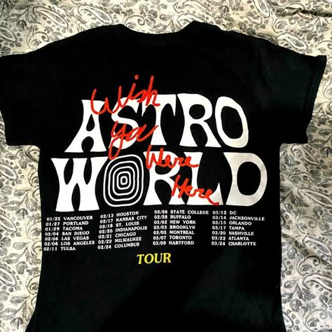 Travis Scott’s “ASTROWORLD” wish you were here T-shirt (official tour merch) Astro World Tshirt, World Tour Shirt Design, Concert T Shirt Design, Concert Merch Design, Concert Shirt Design, Tour Merch Design, Tour Tshirt Design, Astroworld Tshirt, Spring Spirit Week