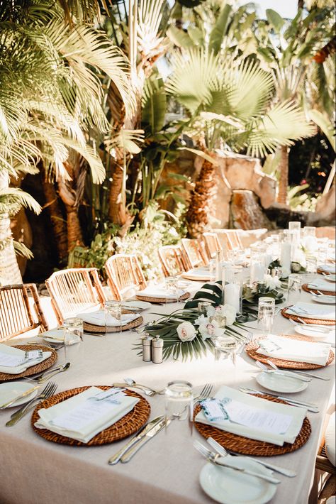 Destination Beach Wedding Decor, Small Hawaii Beach Wedding, Palm Leaves Table Decor, Tropical Boho Wedding Table Settings, Beach Reception Tables, Wedding Table Tropical, Villa Serenita St Thomas Wedding, Tropical Modern Wedding Decor, Tropical Destination Wedding Decor