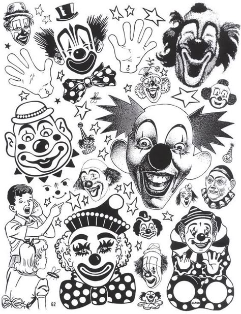 Clown Paintings, Clown Tattoo, Tattoo Flash Sheet, Folk Art Flowers, Cowgirl Art, Vintage Clown, Creepy Clown, Tattoo Flash Art, American Traditional Tattoo