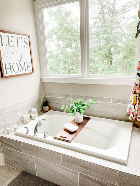 Farmhouse bathroom Tub In Corner Of Bathroom, Built In Soaking Tub, Built In Bathtub Tub Surround, Tile Bath Tub, Drop In Tub Ideas, Tile Around Tub, Bathtub Tile Surround, Tile Around Bathtub, Tub Surround Ideas