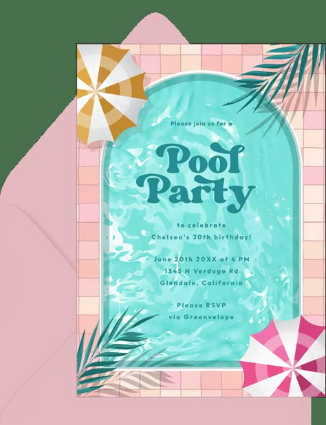 Pool Party Birthday Party Invitation Cute Pool Party Themes, Pool Party Inspiration, Invitaciones Pool Party, Pool Party Invitation Ideas, Pool Party Bday, Swimming Pool Party Ideas, Pool Party Birthday Ideas, Pool Invitations, Birthday Pool Party Ideas