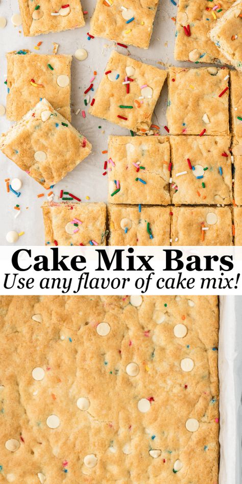 I am giving you not one, not two, but thirteen different flavor combinations for these cake bars! Made in less than 30 minutes, with just four base ingredients (and whatever add-ins you want), these soft, chewy cake mix cookie bars are always a huge crowd-pleaser! Chewy Cake, Cake Mix Bars, Cake Mix Brownies, Easy Dessert Bars, Cake Mix Cookie Bars, Recipes Using Cake Mix, Easy Bar Recipes, Boxed Cake Mixes Recipes, Cake Mix Desserts