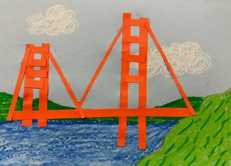 Elementary Projects, Golden Gate Bridge Art, Montessori Crafts, Elementary Art Lesson Plans, Art Lesson Plan, Dave Eggers, Collage Projects, Transportation Crafts, Kindergarten Curriculum