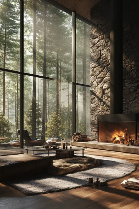 Forest House Aesthetic Modern Interior Dark Forest House Interior, Forest Interior Design Living Room, Dream House Forest, Modern House In The Forest, Forest House Aesthetic, Forest Interior Design, Forest House Ideas, Rustic Log Home, Forest Houses