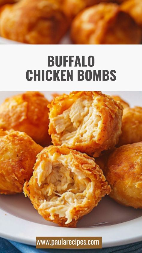 Buffalo chicken in every bite! These cheesy, spicy Buffalo Chicken Bombs are the ultimate snack for your next game day or party. 🧀🔥 #BuffaloBliss #SnackBombs #GameDayFave #CheesyDelight #SpicyPerfection #CrispyAndCrunchy #PartySnackGoals #FingerFoodFiesta #CrowdPleasingBites #SnackTimeSensation Buffalo Chicken Appetizers For Party, Buffalo Chicken Balls Baked, Buffalo Chicken Bombers Recipes, Game Day Chicken Recipes, Buffalo Chicken Bites Baked, Chicken Appetizers For Party, Girls Night Dinners, Baked Buffalo Chicken Bites, Buffalo Chicken Balls