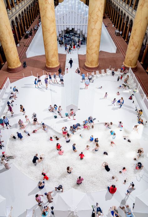 Inside Snarkitecture’s Spectacular Fun House In Washington DC - OPUMO Magazine Party Installation, Summer Installation, Mind Electric, Outdoor Ping Pong Table, Summer Block Party, Rockwell Group, National Building Museum, Marble Pillar, Fun House