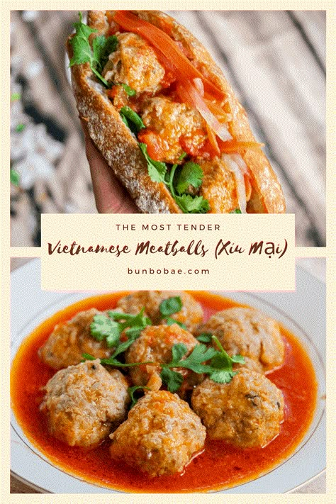 These versatile pork and shrimp meatballs are melt in your mouth tender. Fresh tomatoes make for a savory and tangy sauce, and diced jicama lend a subtle crunch. Xiu Mai Recipe Vietnamese Food, Vietnamese Tet Recipes, Pork And Shrimp Recipes, Vietnamese Christmas Food, Vietnamese Meatball Soup, Xiu Mai Recipe, Vietnamese Meatloaf, Vietnamese Recipes Authentic, Shrimp Meatballs