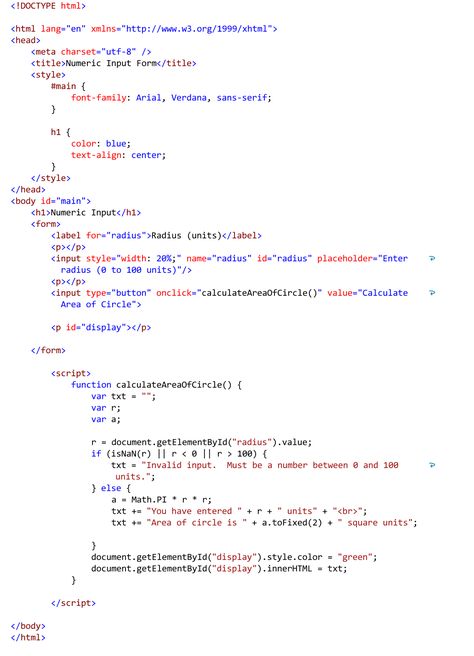 Internal JavaScript Code for Validating Numeric Input and Calculating the Area of a Circle.  Internal Style Sheet for Heading H1 and ID Selector.  HTML Code for Forms.  Text Editor - Visual Studio 2019. Visual Studio Code, Javascript Code, Area Of A Circle, Html Code, Style Sheet, Visual Studio, Text Editor, A Circle, Calculator