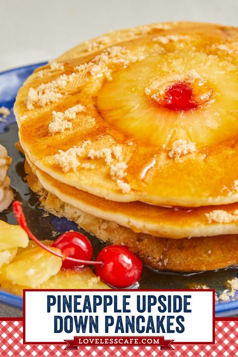 Turn two sweet favorites into one with Pineapple Upside Down Pancakes! Caramelize a pineapple ring on your griddle, top with a maraschino cherry, and then cook with pancake batter on top! Serve to your liking for a sweet and unique breakfast! unique brunch recipe, unique breakfast recipe, pineapple upside down pancakes, sweet breakfast ideas, pancake recipes Fun Pancake Recipes, Pineapple Upside Down Pancake Recipe, Pineapple Upside Down Pancakes, Pineapple Pancakes, Sweet Breakfast Ideas, Cafe At Home, Pineapple Ring, Unique Breakfast, Loveless Cafe