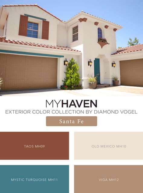 House Facade Color Combination, Cream And Terracotta House Exterior, Terracotta House Exterior Color Palettes, Arizona Exterior House Colors, Arizona Home Exterior Colors, Arizona House Colors Exterior, Santa Fe Paint Colors Interior, Terracotta Exterior House Colors, Desert Home Exterior Paint Colors