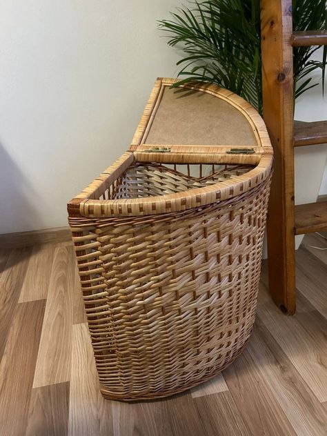 natural wicker corner laundry hamper basket wicker storage ecofriendly organizer holder book box toy storage by WorldOfVines on Etsy Corner Laundry, Laundry Cart, Wicker Hamper, Wicker Storage, Hamper Basket, Corner Design, Wicker Basket, Laundry Hamper, Corner Designs