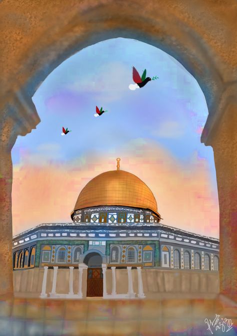 #alqudus #palestine #jeruslaem Islamic Painting Ideas On Canvas, Al Aqsa Painting, Dome Of The Rock Painting, Umrah 2023, Islam Painting, Liberation Art, Butterfly Sketch, Mosque Art, Dome Of The Rock