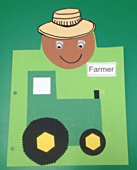 Preschool Community Helper book craft project page: Farmer with shape tractor Farmer Craft For Preschool, Career Crafts Preschool, Farmer Activities For Toddlers, Tractor Name Craft Preschool, Farmer Craft Preschool, Community Helpers Preschool Crafts Art Projects, Build A Farmer Craft, What Does A Farmer Do Preschool, Farmer Craft