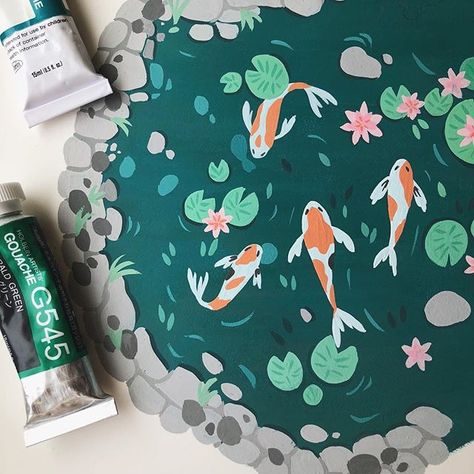 Serena White en Instagram: “I kept thinking about painting something with koi carps so now I’m working on a little pond project💛 ⛩ #gouacheillustration #gouache…” Koi Gouache Painting, Koi Pond Illustration, Gouache Painting Ideas, Koi Painting, Acrylic Markers, Gouache Illustrations, Posca Art, Gouache Art, Arte Sketchbook