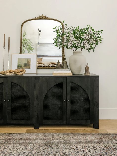 Project Urban Homestead: Kitchen, Living and Dining Room Reveal Modern Console Cabinet, How To Decorate A Sideboard, Create An Entryway, Credenza Styling, Creating An Entryway, Credenza Decor, Sideboard Styles, Buffet Table Decor, Sideboard Decor