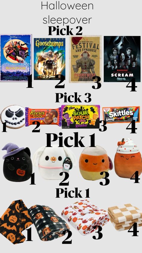 #halloween #sleepover Halloween Sleepover Party, Halloween Town Movie, Fun Sleepover Activities, Sour Skittles, Halloween Bucket List, Halloween Sleepover, Making A Gift Basket, Harry Potter Room Decor, Halloween Movie Night