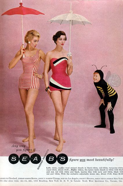 I WANT THESE BATHING SUITS-and I wish I wouldn't get looks for carring a parrisol 1950s Swimwear, Vestidos Pin Up, Vintage Bathing Suits, Vintage Swim, Women Bathing, Glamour Magazine, Fashion 1950s, Vintage Swimwear, Swimsuit Design