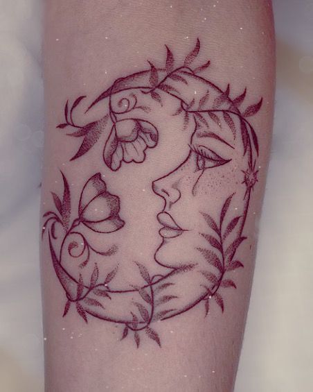 Girly Moon Tattoos, Moon And Fairy Tattoo, Moon Girl Tattoo, Moon Tattoo With Face, Moon Lady Tattoo, Moon With Flowers Tattoo, Moon With Face Tattoo, Whimsical Tattoo Sleeve, Easy Simple Tattoos