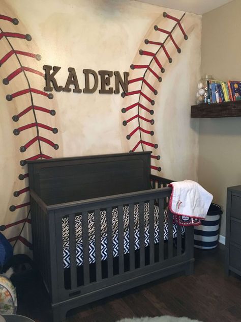 Sports nursery theme | baseball nursery theme | vintage sports nursery theme | How cool is this boy nursery theme? I love how the wall is a huge baseball! #baseballnursery #sportsnursery #nursery #boynursery Baseball Nursery Theme, Vintage Baseball Nursery, Baseball Nursery Decor, Vintage Sports Nursery, Sports Nursery Theme, Baby Boy Baseball, Baseball Bedroom, Baseball Nursery, Sports Nursery