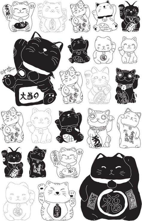 Lucky Cat Drawing, Google Cat, A Bunch Of Cats, Bunch Of Cats, Tattoo Gato, Lucky Cat Tattoo, Kitty Tattoos, Lucky Tattoo, See Tattoo