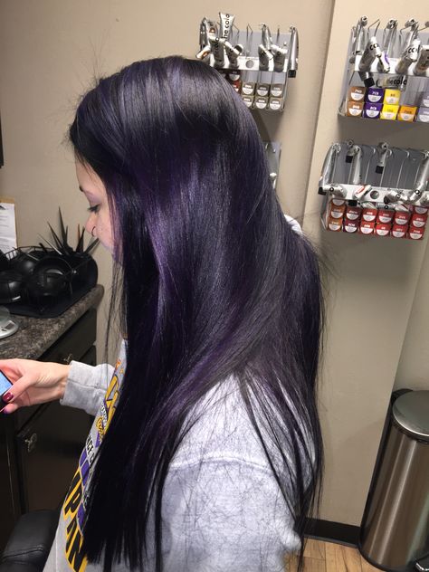 Color+cut+style. Hair by Sam S. Purple Tinted Black Hair, Dark Purple Hair Pale Skin, Really Dark Purple Hair, Purplish Black Hair, Dark Dark Purple Hair, Dark Hair Purple Undertone, Black Hair With Purple Undertones, Dark Hair With Purple Underneath, Dark Black Purple Hair