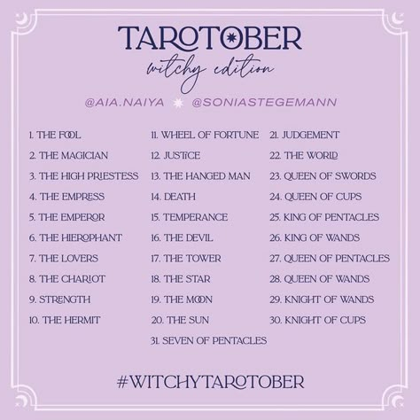 Sonia Stegemann on Instagram: "Lots of people have asked me if I‘ll be doing a drawing challenge for October👀💗✨ I‘m thinking about giving this tarot themed list I made with @aia.naiya last year another go, it still sounds really fun! And you are welcome to join me, I‘m posting this here again to remind you it exists in case you are looking for inspiration or a list☺️ * * #tarotober #witchytarotober #illustration #drawingchallenge #illustrationartists #artistsoninstagram #tarotcards #tarot #cha Cute Prompts, Drawing Themes, 30 Day Art Challenge, King Of Wands, Art Journal Challenge, Kawaii Drawing, October Art, Art Style Challenge, Drawing Ideas List