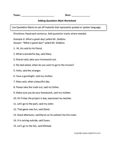 Punctuation Worksheets | Quotation Mark ... Quotation Marks Worksheet, Dialogue Worksheet, Teaching Suffixes, Worksheets For 4th Grade, Punctuating Dialogue, 6th Grade Homeschool, Personal Pronouns Worksheets, Teaching Prefixes, 2nd Grade Grammar