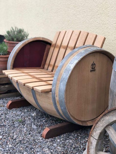 Simple DIY Garden Bench Ideas You Can Make In An Afternoon Wine Barrel Diy, Wine Barrel Wall, Whiskey Barrel Ideas, Wine Barrel Planter, Wine Barrel Crafts, Wine Barrel Decor, Barrel Crafts, Barrels Diy, Armchair Decor