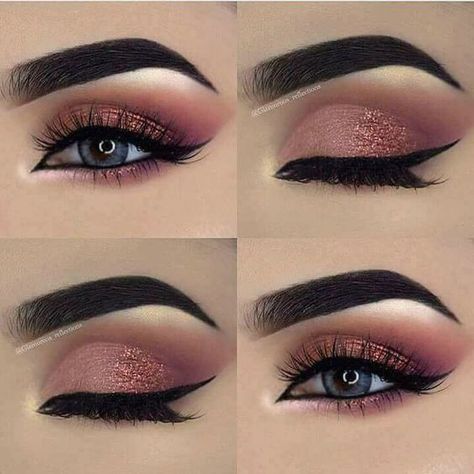 Blush Color Makeup Looks, Pink Eye Shadow Looks, Shadow Eyes, Koleksi Makeup, Party Eye Makeup, Rose Gold Eye Makeup, Make Up Designs, Make Up Gold, Gold Eyeliner