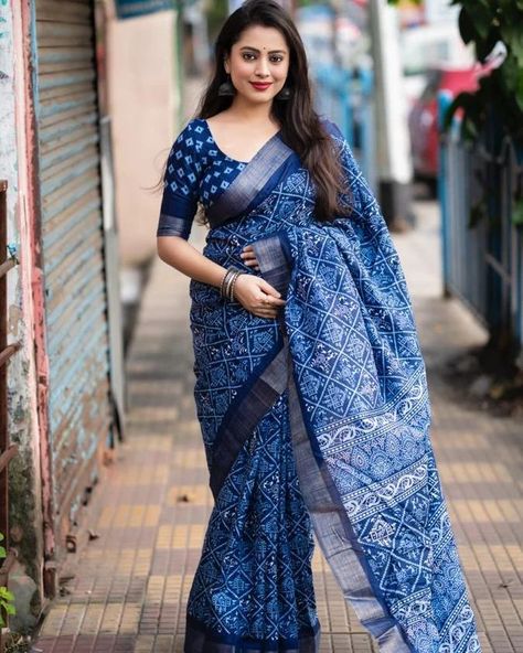 *price 799 free shipping Dm for order whatsup 8309874411 or Dm to @hansicollections inbox 5 DESIGNS READY STOCK* TRENDY INDIGO PRINTS. INDIGO X BATIK PRINTS. New indigo sepcial catalog from indigo sepical (slub ailk Quality- soft silk slub woven saree with batik print deaign. Blouse- runing batik printed blouse. Full length 6.30 meters. Top premium quality Dm for order whatsup 8309874411 or Dm to @hansicollections inbox #hansicolletions #halfsaree #halfsareefunction #reels #l... Print Blouse Design, Indigo Saree, Half Saree Function, Cotton Saree Blouse Designs, Long Frock Designs, Cotton Saree Blouse, Indigo Prints, Silk Saree Blouse Designs, Batik Print