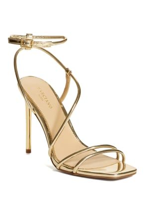 Find your longest leg with this elegant heeled sandal featuring strappy cord detailing and on-trend square toe. Finished with a sleek stiletto heel. Hak Tinggi, Gold Strappy Sandals, Gold Strappy Heels, Heels Prom, Gold High Heels, Shoes Heels Classy, Prom Heels, Cute Heels, Aesthetic Shoes