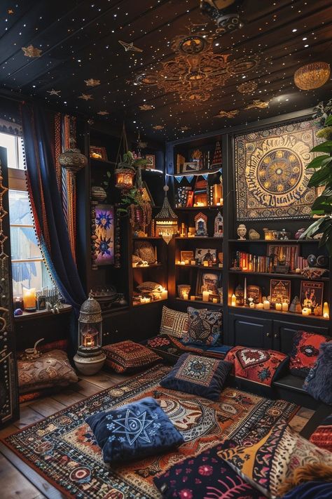 29 Boho Witchy Bedroom Ideas To Create A Dreamy Space - Learn California Divination Room Aesthetic, Tarot Table Ideas, Bedroom Ideas For Readers, Witch Bedroom Aesthetic, Witch Aesthetic Bedroom, Witchy Home Aesthetic, Witchy House Decor, Boho Witchy Bedroom, Old Victorian Homes Interior