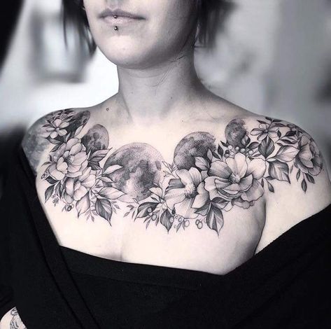 Floral Skull Chest Tattoo, Horror Collar Bone Tattoo, Halloween Chest Piece Tattoo, Wiccan Chest Tattoo, Wolf Chest Tattoo Female, Full Upper Back Tattoo Women, Neck Tattoos Women Color, Gothic Shoulder Tattoos For Women, Nature Chest Tattoo Female