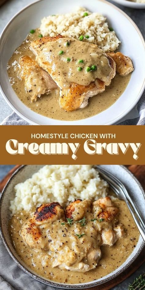 Homestyle Chicken with Creamy Gravy Ingredients: 2 large chicken breasts (split lengthwise into thinner breasts) or 4 medium/small chicken breasts 1 tablespoon olive oil Kosher salt & black pepper 3 tablespoons salted butter 1 tablespoon chicken base (recommended: Better Than Bouillon brand) 4 tablespoons all-purpose flour 1/2 teaspoon onion powder 1/2 teaspoon garlic powder 2 cups chicken stock 1/2 cup water 1/4 cup heavy cream (optional) #Homestyle #Chicken #CreamyGravy Chicken And Gravy, Gravy Ingredients, Chicken Base, Small Chicken, Gravy Recipe, Gravy Recipes, Delicious Dinner Recipes, Warm Hug, Wholesome Food