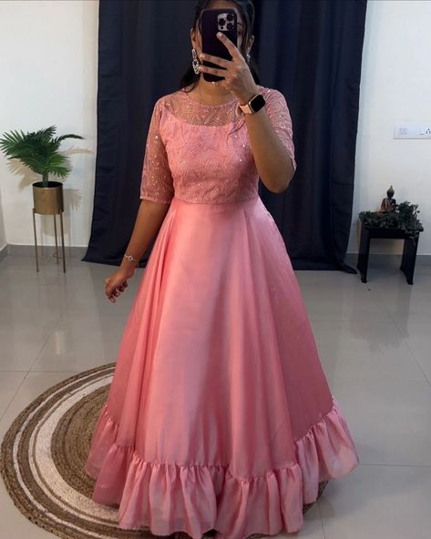 Exclusive arrival 💗 DM US FOR ORDER 7997018094 RATE 999/- Dream in Pastel Pink! 💕✨ Elevate your style with this stunning pastel pink party wear gown Dress is made of classy shinning rangoli fabric and yoke part front and back side butterfly net with beautiful embroidery and sequence work . It features an elegant style, a boat neckline and this designer outfit look perfect party wear for this season! Material: classy rangoli double shade fabric Complete crepe linning material Flair: ... Crepe Fabric Dress Style, Net Dresses Design Ideas, Pastel Pink Party, Crepe Gown Styles, Net Dress Design, Side Butterfly, Butterfly Net, Designer Outfit, Party Wear Gown