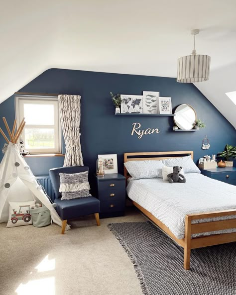 Dark Blue Kids Bedroom, Dark Blue Kids Room, Boys Blue Bed, Boys Dark Blue Bed, Rory Bedroom, Shark Bedroom Boys Modern, Dark Blue Feature Wall, Soccer Themed Bedroom, Construction Room