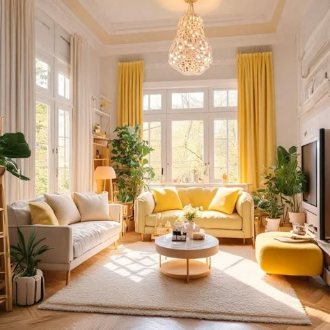 Yellow Modern Living Room, Living Room Inspiration Yellow, Honey Living Room, Bright Happy Living Room, Pale Yellow Walls Living Room, Yellow Living Room Aesthetic, Yellow Interior Design Living Room, Pastel Yellow Living Room, Yellow Living Room Color Scheme