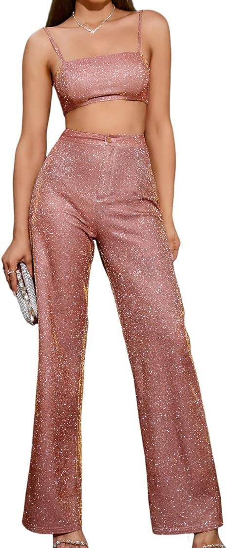 Colysmo Women's Two Piece Outfit Sparkle Sequin Sleeveless Cami Crop Top Bling Glitter High Waist Straight Wide Leg Pants Set at Amazon Women’s Clothing store Gold Glitter Outfit, Straight Wide Leg Pants, Glitter Outfit, Cami Crop Top, Rose Gold Glitter, Amazon Women, Two Piece Outfit, Gold Glitter, Leg Pants