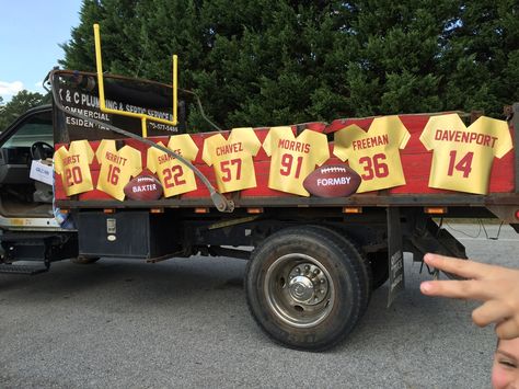 Homecoming parade truck for football Parade Float Football Theme, Football Float Ideas, Football Floats Parade Ideas Easy, Football Parade Float Ideas Diy, Homecoming Floats Football, Football Parade Float Ideas, Football Homecoming Float, Football Floats Parade Ideas, Homecoming Float Ideas Football