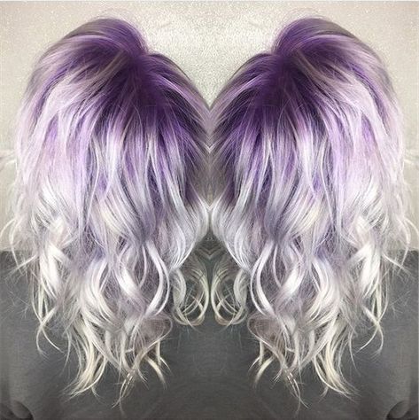 Purple To Silver Hair, Silver Hair With Purple Roots, Short Blonde Hair With Color Underneath, Lilac Shadow Root, Cool Purple Hair Dye Ideas, Icy Blonde With Purple Peekaboo, Purple Silver Hair Ombre, Blonde Hair With Purple Roots, Purple Shadow Root Blonde