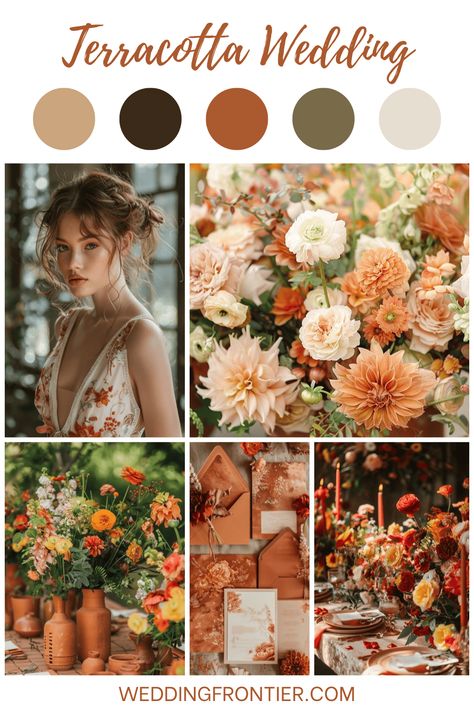 Dreaming of a wedding that blends rustic charm with modern elegance? A terracotta wedding theme might just be what you're looking for. Terracotta Mountain Wedding, Rust And Copper Wedding, Rust Wedding Pallet, Wedding Colour Schemes Terracotta, Wedding Sage And Terracotta, Terracotta Wedding Colour Palette, Terracotta And Burnt Orange Wedding, Terracotta Ceremony Decor, Terracotta Sage Green And Gold Wedding