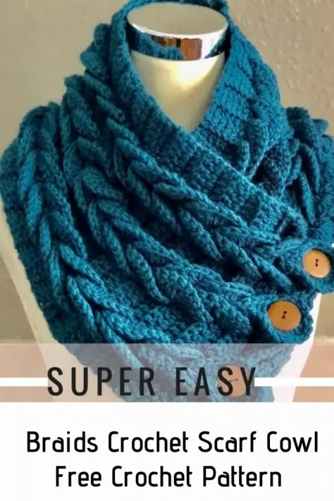 Tutorial Braids, Corak Krusye, Braided Cowl, Crochet Scarf Easy, Crochet Cowl Free Pattern, Button Scarf, Crochet Neck Warmer, Cowl Crochet, شال كروشيه