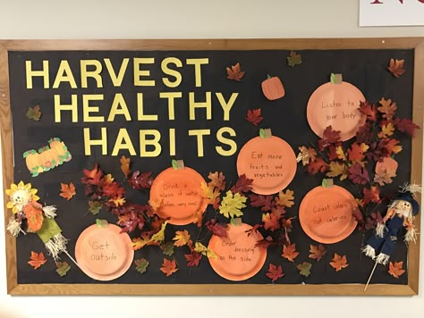 Fall Leader In Me Bulletin Boards, Harvest Healthy Habits Bulletin Board, November Mental Health Bulletin Board, Fall Cork Board Ideas, Healthcare Bulletin Boards, Fall Counseling Bulletin Board Ideas, Fall Bulletin Boards High School, Fall Cafeteria Bulletin Board Ideas, October Bulletin Board Ideas College