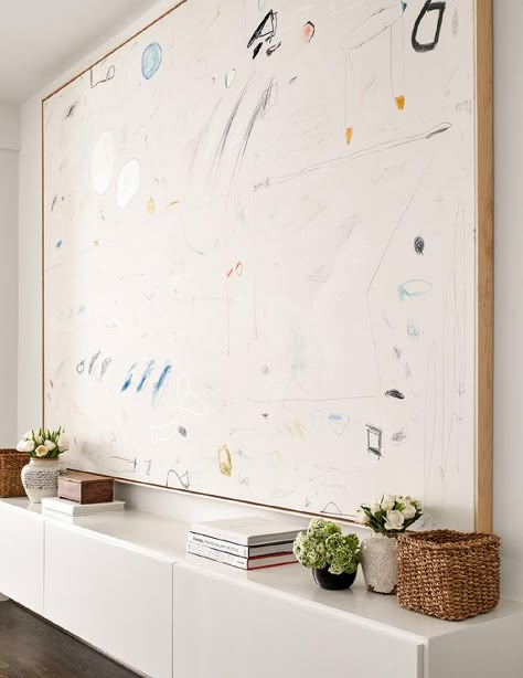 Long Buffet Cabinet with Large Scale Abstract Art - Transitional - Dining Room Dark Stained Wood Floors, White Buffet Cabinet, Dining Room Corner, White Buffet, Transitional Dining Room, Transitional Dining, Abstract Art Gallery, Scale Art, Dining Room Style