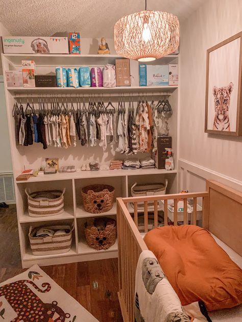 Storage, baskets, closet, natural Hanging Clothes Without A Closet Nursery, Nursery Without Closet Ideas, Clothes Storage With No Closet, Nursery With No Closet Ideas, No Closet Nursery Ideas, Closet With Cubbies, Nursery Without Closet, Nursery With No Closet, Closet Nursery Ideas Walk In