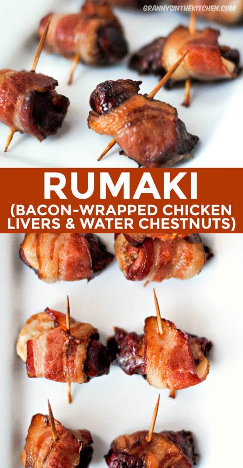 Rumaki (Bacon Wrapped Chicken Livers) - Granny's in the Kitchen Bacon Wrapped Chicken Livers, Sweet Soy Glaze, Liver And Bacon, Soy Glaze, Delicious Appetizers, Liver Recipes, Wrapped Chicken, Roasted Vegetable Recipes, Chicken Liver