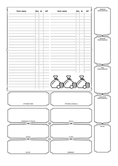 DnD 5E Character Sheet 2, inventory Thanks @mperkinsdm for the baseline of the sheet. https://www.drivethrurpg.com/browse/pub/9536/Matthew-Perkins Dnd Equipment Sheet, Dnd Inventory Sheet, Dnd Printables Free, Dnd Shop Inventory, Dnd Journal Ideas, Dnd Notebook Ideas, Dnd Inventory, Dnd Printables, Dnd 5e Character Sheet