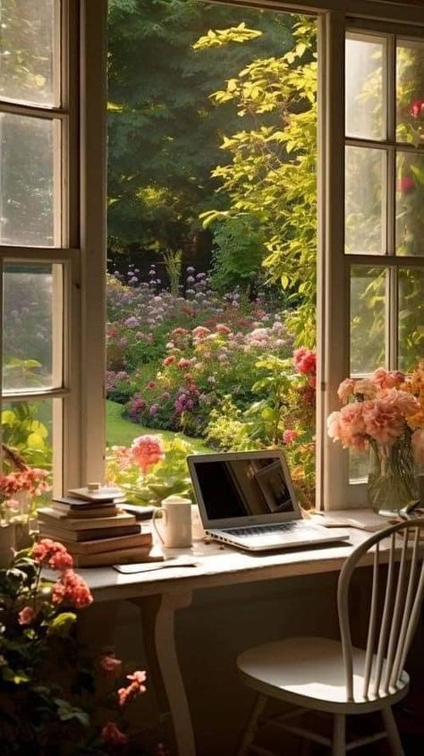 Writing Space Inspiration, Author Aesthetic, Author Dreams, Writing Corner, Aesthetic Cozy, The Art Of Storytelling, Casa Vintage, Writing Space, Window View